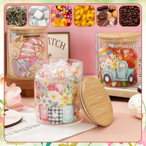 Vista 5 de JarThenaAMCS 3 Frascos de Almacenamiento de Vidrio Floral de Primavera con Tapa Hermética Tulipán Flor Gnomo Camión Mariposa Juegos de Recipientes