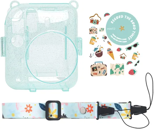 Vista 2 de Yitengteng Funda de cristal transparente con purpurina para cámara Fujifilm Instax Mini 12, funda protectora ajustable para cámara de PC