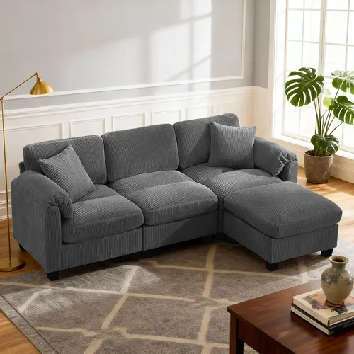 Vista 15 de Sofá modular modular con otomana, sofá de pana de 3 plazas con 2 almohadas, sofá de asiento profundo en forma de L de 88.2 pulgadas con cojín Beige