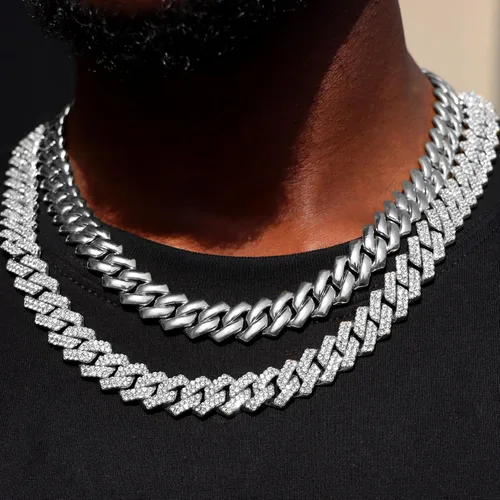 Vista 2 de WKTYCCT 2 cadenas de eslabones cubanos para hombres y mujeres, collares cubanos de Miami, oro y plata de 0.55 pulgadas (0.551 in), juego de collar