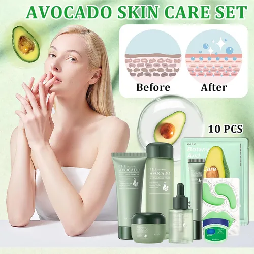 Vista 2 de Juego de 10 piezas de cuidado de la piel de aguacate con limpiador facial, tónico, suero facial, crema facial, crema para ojos, bálsamo labial
