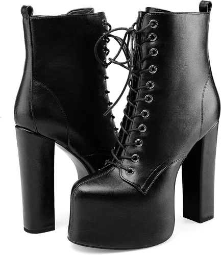 Vista 5 de Perisis Botines de plataforma de tacón alto grueso para mujer, botines de tacón con cordones de cuero a la moda con cremalleras