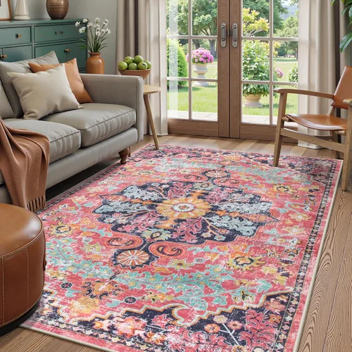 Vista 25 de Lahome Alfombra Floral Bohemio Medaillon - 2x3 Pequeña Alfombra de Baño Rosa Caliente, Alfombra de Cocina, Lavable a Máquina, Antideslizante, Suave