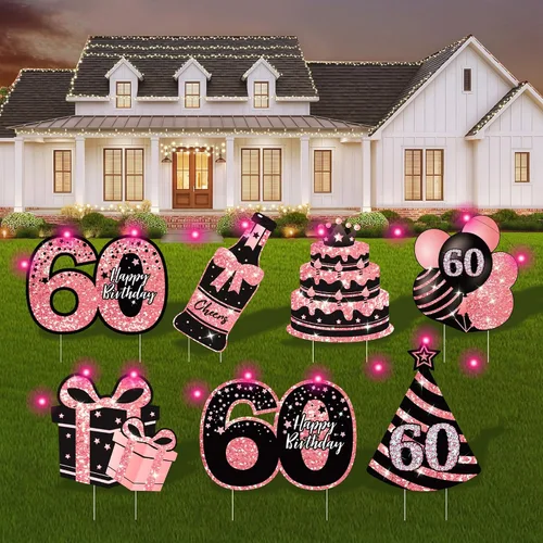 Vista 10 de Decoraciones de cumpleaños número 13 para niñas - 7 piezas de letreros de cumpleaños rosas para el patio con estacas, 2 piezas de luces LED Rosa 13