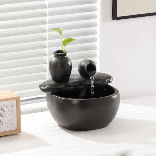 Vista 6 de Fuente de mesa de cerámica para decoración de interiores y hogares, escritorio, oficina, patio (fuente de cerámica para macetas) (negro)