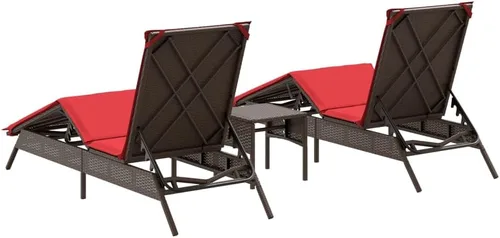 Vista 6 de Brown PE Rattan Sun Lounger Set, Adjustable Backrest, Powder-Coated Steel Frame, Plush Cushions, for Patio Garden Poolside