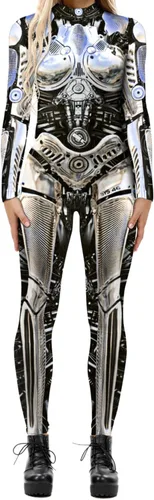 Vista 16 de Disfraz de esqueleto de calavera para mujer, overol de una pieza para Halloween 3D printed skull skeleton robot costume, Back zipper closure