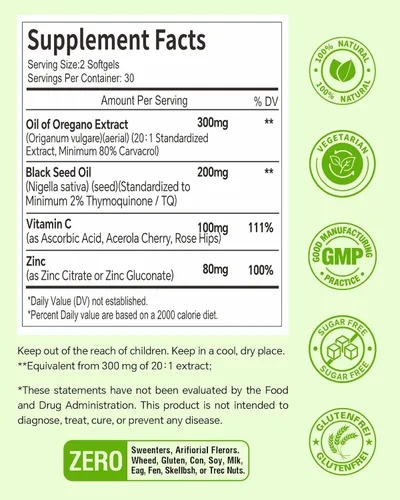 Vista 2 de Aceite de orégano de 300 mg con aceite de semilla negra, zinc, vitamina C
