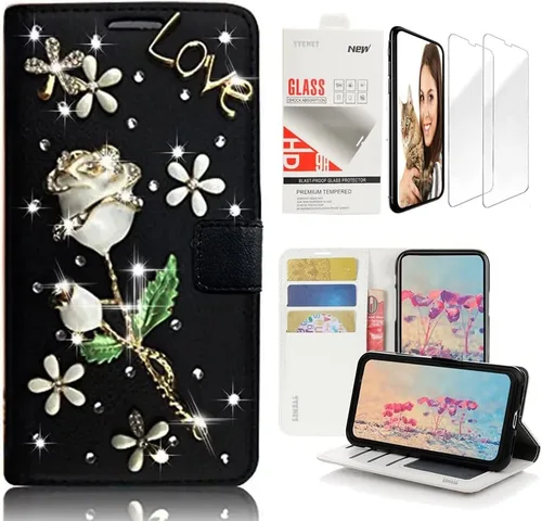 Vista 7 de Bling Wallet - Funda de cuero compatible con Samsung Galaxy A32 5G, elegante, diseño de corazón y corona hecha a mano en 3D con protector