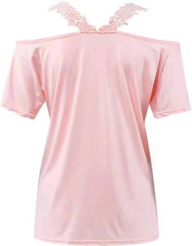 Vista 5 de Blusa de manga corta con cuello en V y hombros descubiertos para mujer, estilo casual, holgada, con hombros descubiertos, Negro