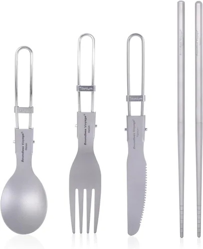 Vista 12 de iBasingo Cuchillo de tenedor de titanio con mango plegable, utensilios de vajilla ultraligeros para camping, picnic al aire libre, senderismo