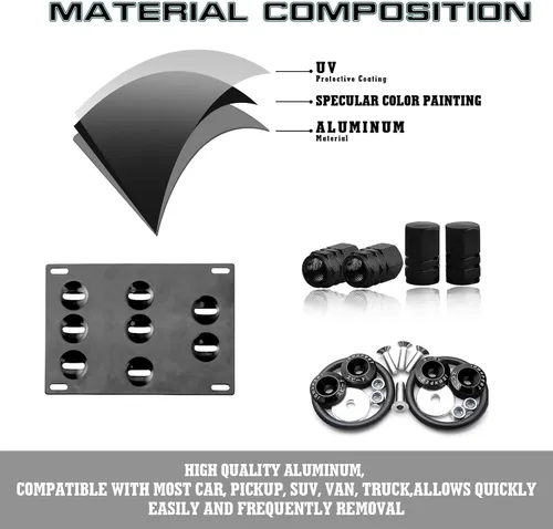 Vista 3 de Xotic Tech - Juego de placa de aluminio con gancho de remolque + tapones para válvulas de aire + cierre de liberación compatible con Mercedes C CLA