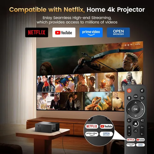 Vista 2 de Proyector 4K con aplicaciones integradas, 1500 ANSI/compatible con Netflix/Dolby Audio Smart Projector con WiFi 6 y Bluetooth 5.3, proyector de cine