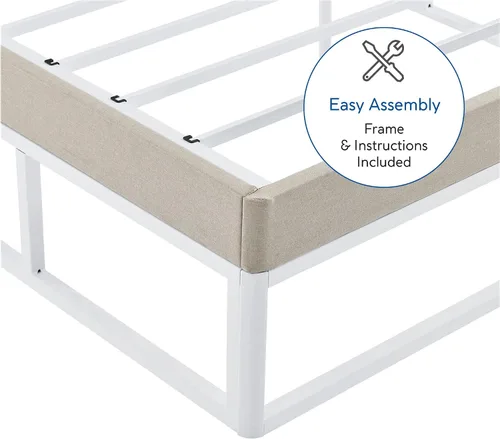 Vista 6 de Decoro Capri - Base de cama de metal blanco con base de colchón tapizada beige integrada, tamaño King