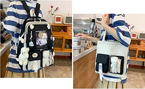 Vista 4 de Mochila Kawaii de 5 piezas, bolsa deportiva estética de 17 pulgadas con bonita mochila, bolsa de hombro, caja de lápices, bolsa de mano, bolsa