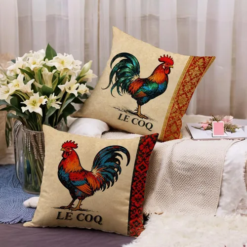 Vista 3 de Funda de almohada de gallo de granja de 18 x 18 pulgadas, fundas de almohada vintage de gallo francés con borde de damasco, fundas de almohada