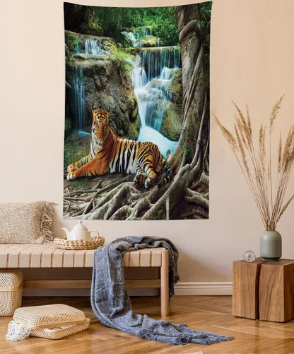 Vista 56 de Lunarable Tapiz japonés, Geisha joven en kimono con maquillaje oriental tradicional de Sakura, decoración de tela para colgar en la pared