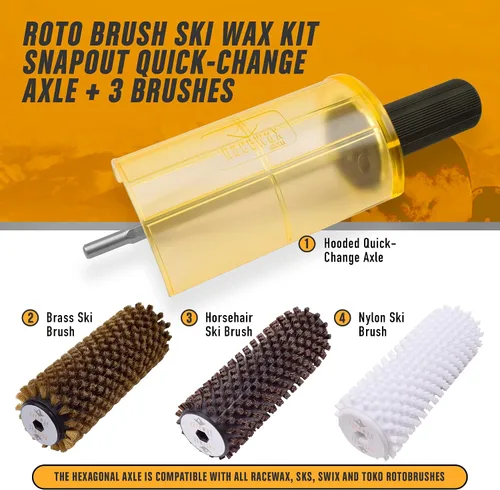 Vista 2 de RaceWax Kit de cera de esquí con cepillo Roto de 5.906 in de ancho, eje de cambio rápido 3 cepillos (latón, pelo de caballo y nailon)