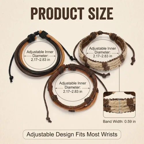 Vista 2 de Goufaju 3 pulseras de cuero vintage para hombres y mujeres, ajustables, pulseras de cuero trenzadas multicapa de cuero marrón