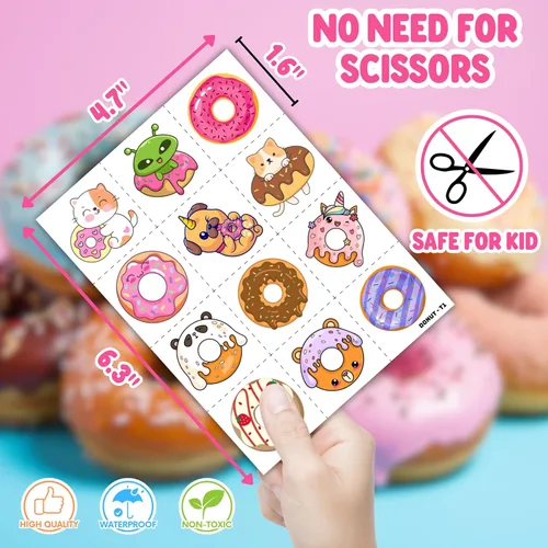 Vista 3 de 96 tatuajes temporales precortados de dona para niños, bonitas decoraciones de fiesta de cumpleaños, calcomanías para niñas y niños, recuerdos