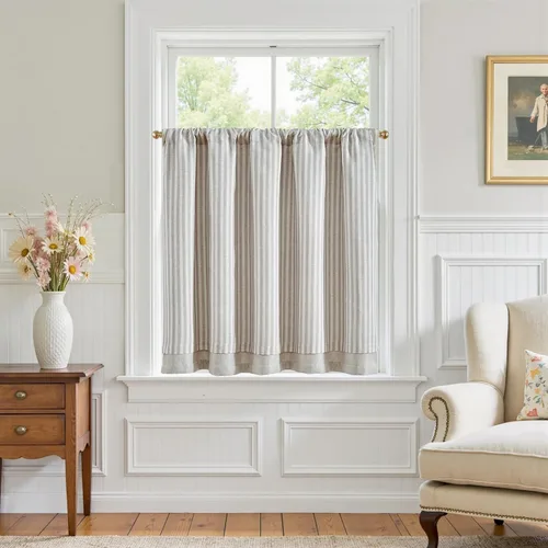 Vista 31 de jinchan Cenefa de Lino a Rayas para Ventanas de 16 Pulgadas Cortinas Opacas para Ventana Pequeña Estilo Granja Cenefa de Doble Capa para Sala