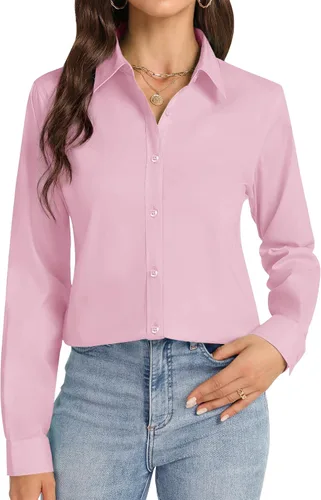 Vista 19 de Camisas con botones J.VER para mujer con cuello elástico y manga larga de algodón, camisa de vestir casual de negocios para el trabajo