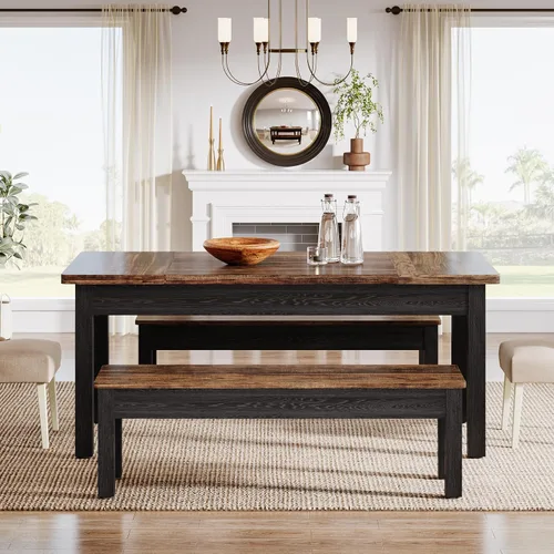 Vista 5 de Tribesigns Juego de Mesa de Cocina de Granja para 4-6, Mesa de Comedor de Madera de 55 Pulgadas con 2 Bancos, Juego de Comedor de 3 Piezas
