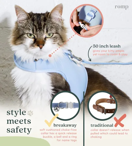 Vista 3 de Juego de arnés para gatos, collar y correa – Chaleco de arnés de velcro ajustable sin estrangulamiento para gatos y gatitos (algodón azul, S)