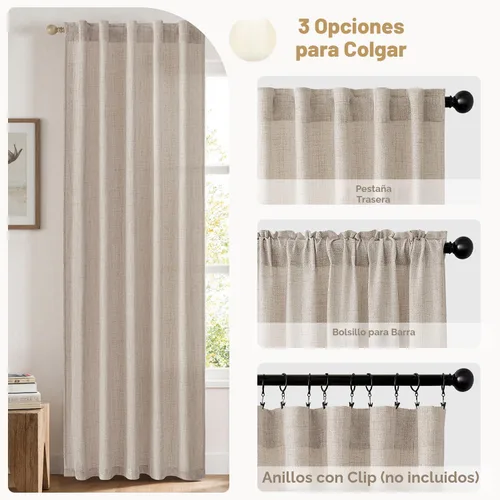 Vista 6 de MIULEE - Cortinas de lino sintético de 96 pulgadas de largo, 2 paneles, cortina semitransparente natural con pestaña trasera, bolsillo para barra