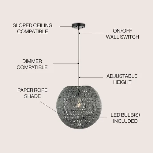 Vista 3 de JONATHAN Y Lámpara colgante LED tejida bohemia moderna de 16 pulgadas, color gris/negro, lámpara de techo colgante ajustable para isla de cocina