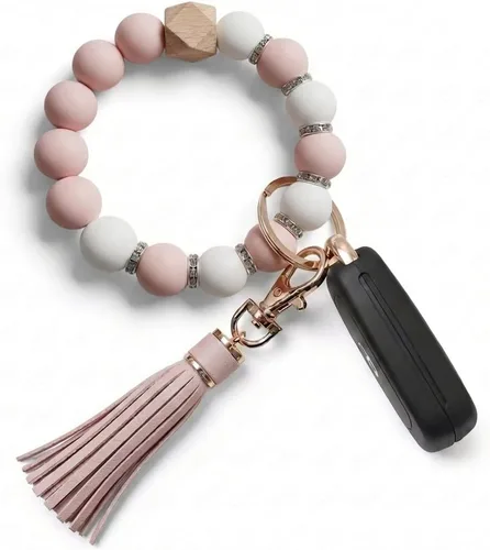 Vista 21 de BIHRTC - Pulsera/llavero para enganchar las llaves del auto, brazalete con cuentas de silicona para mujer Rosado (12mm Pink)
