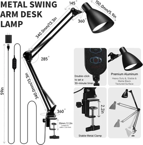 Vista 6 de Lámpara de escritorio con brazo oscilante con abrazadera, brazo ajustable con abrazadera LED en lámparas de escritorio con 5 modos de color y 10