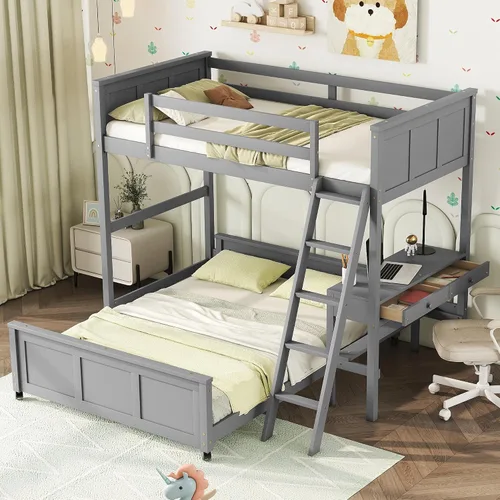 Vista 11 de Litera en forma de L de tamaño matrimonial con escritorio y cajones de Gris con escritorio
