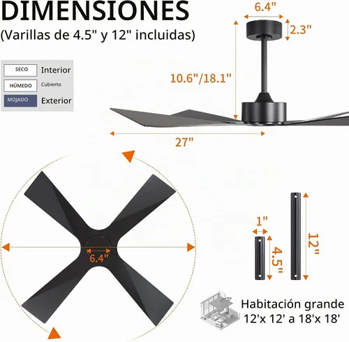 Vista 4 de WINGBO Ventilador de techo para exteriores de 54 pulgadas sin luces, 4 cuchillas de plástico ABS, motor CC reversible, control remoto de 6 Negro