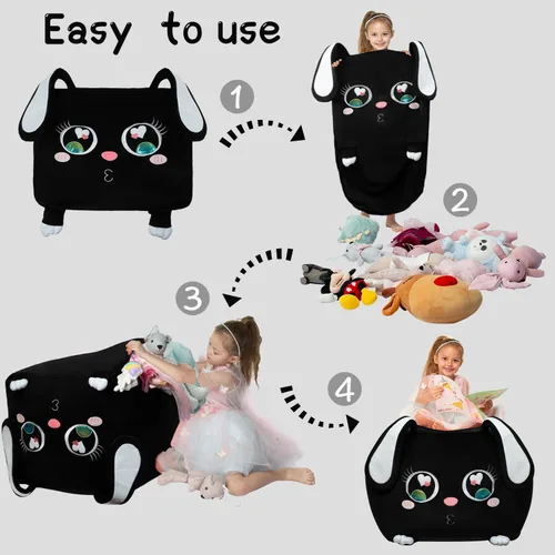 Vista 4 de Sillas de puf de conejo negro para organizador de habitación de niños, ideas de almacenamiento de animales de peluche, muebles de sala