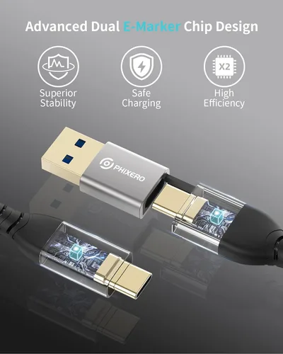Vista 5 de PHIXERO Cable USB C (100 W/20 Gbps/3.3 pies), salida de video de 4K a 60 Hz tipo C, 2 en 1 USB-A/C a C, 3.2 Gen 22 para MacBook Pro/Air/iPad Pro