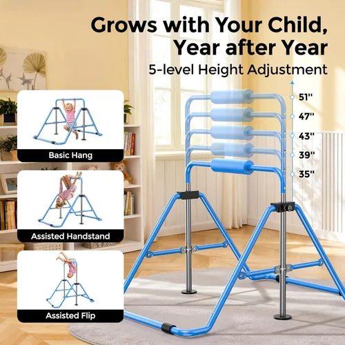 Vista 7 de Sportsroyals Barra de gimnasia para niños, barras horizontales de gimnasia de altura ajustable, barra de gimnasia plegable para el hogar, color rosa