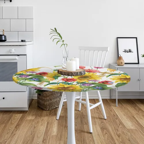 Vista 7 de Pardick Mantel redondo ajustable con flores, mantel redondo de cebada y amapola con borde elástico, impermeable, lavable, se adapta a mesas de hasta