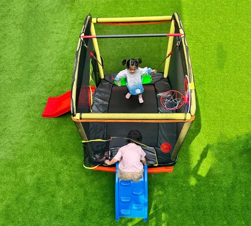 Vista 8 de Trampolín rectangular de 6.5 pies con columpio de baloncesto para escalada al aire libre para niños, trampolines de recreación con red de seguridad