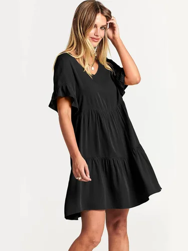 Vista 8 de ANRABESS Vestido de verano casual con cuello en V para mujer, vestido babydoll de manga corta con volantes y escalonado, mini vestido de playa