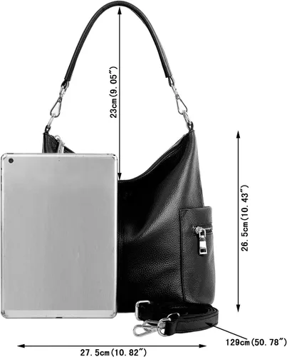 Vista 7 de YALUXE Bolso de hombro de cuero de vaca suave con múltiples bolsillos para mujer, color negro, Negro