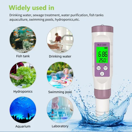 Vista 6 de Rcyago - Medidor de pH inteligente Bluetooth con ATC, 7 en 1 PH/TDS/EC/ORP/S.G/Salinidad/Medidor de temperatura, 0.01 resolución de alta precisión