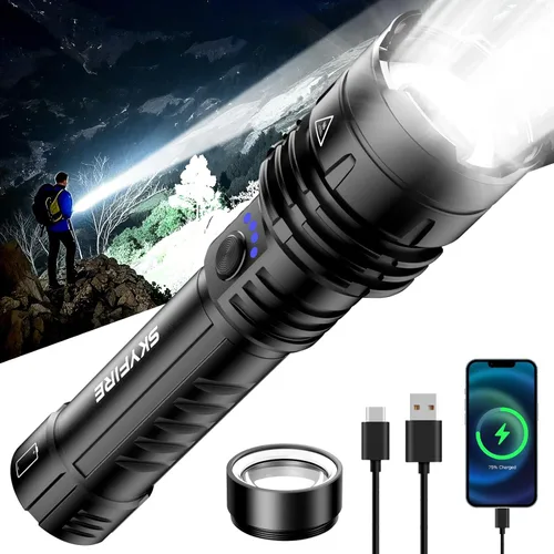 Vista 10 de SKYFIRE 1376 linternas LED con lente de encendido, recargable de 2000 lúmenes altos, luz de flash zoomable, 5 modos, impermeable, IPX6, potente