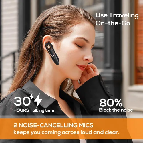 Vista 2 de Auriculares de un solo oído Bluetooth con cancelación de ruido inalámbrica, tiempo de conversación de 30 horas, micrófono con cancelación de ruido