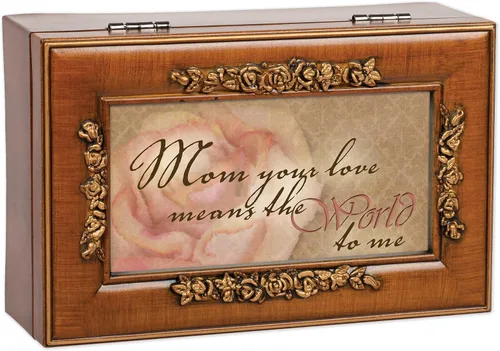 Vista 2 de Caja musical de madera acabada, para joyas, con diseño de rosas y leyenda "Mom Your Love", Polycast, 4 x 6
