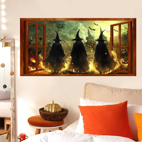 Vista 8 de Calcomanías de pared de bruja de Halloween 3D con escena de Halloween, calcomanías de pared falsas para ventana, mural grande, papel tapiz