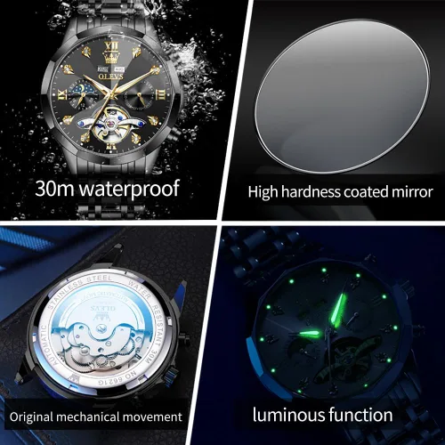Vista 4 de OLEVS - Reloj Automático de Lujo para Hombre con Diamante, Automático, Multifuncional, Calendario, de Acero Inoxidable, Impermeable, Luminoso