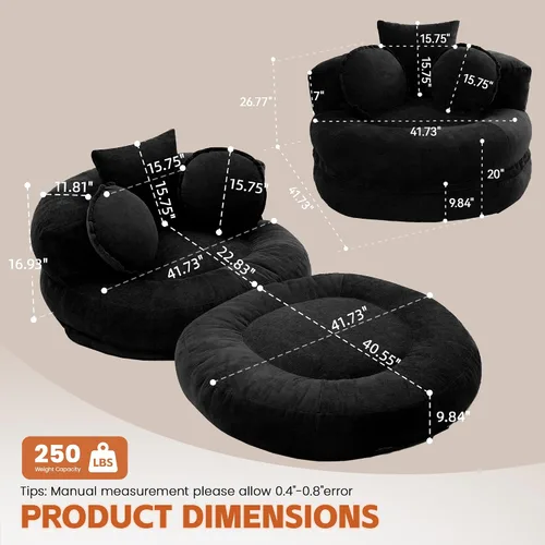 Vista 2 de Boneless Convertible Round Floor Sofa Chair with Expandable Seat, Black