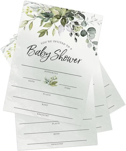 Vista 5 de Printed Party Invitaciones y sobres para baby shower, eucalipto verde, juego de 30