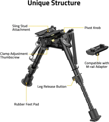 Vista 4 de CVLIFE Bípode de rifle de fibra de carbono de 6-9 pulgadas, bípodes pivotantes inclinables para rifles con adaptador compatible con bípode giratorio